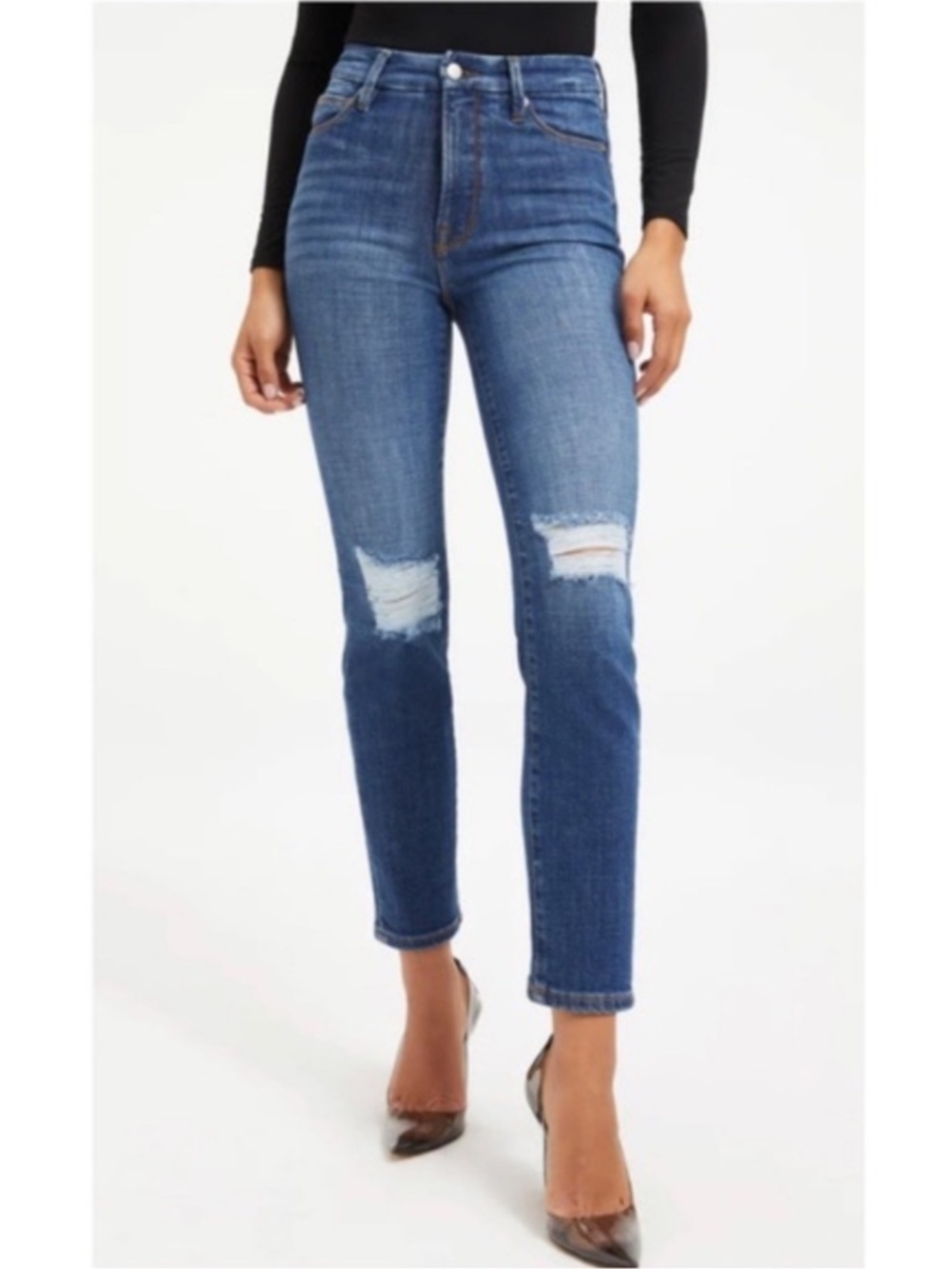 Good American High Rise Indigo Blue Ankle Distressed Jeans Classic 30